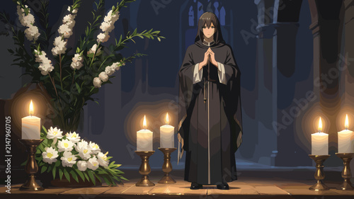 Foto A solemn figure in dark robes stands in prayer amidst white flowers and flickering candles inside a gothic church, evoking a sense of memorial and reverence