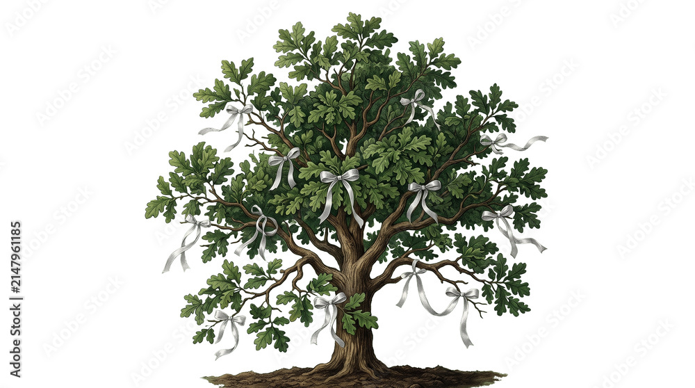 Obraz premium Flourishing tree with silver awareness ribbons on green screen key on a clean transparent background