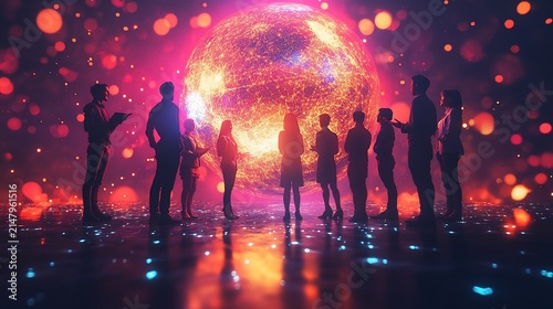 Silhouetted figures gazing at vibrant orb. Bokeh lights enhance the space
