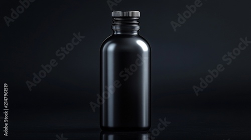 Sleek black bottle with a screw top on a dark background, simplistic elegance