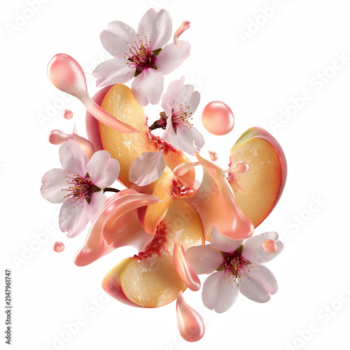Peach slice with pink flower and splash, fresh juicy fruit with floral petals flying in high fidelity, vibrant and colorful composition isolated on transparent background
