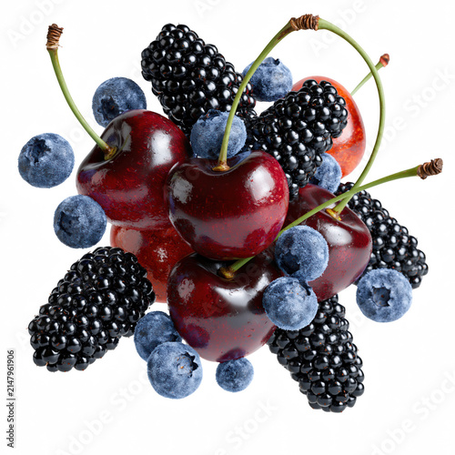 Dark cherry blackberry blueberry fresh fruit ripe berry healthy snack natural food juicy cherry antioxidant summer fruit isolated on transparent background
