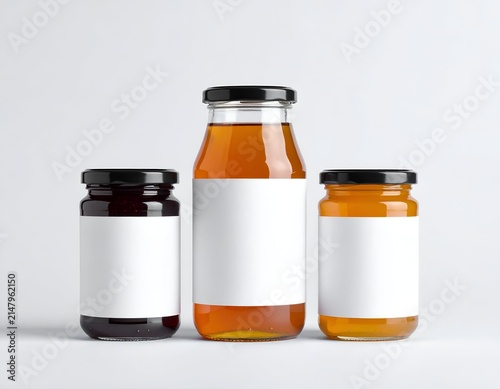 Three jars with black lids, filled with different colored preserves, on a white backdrop