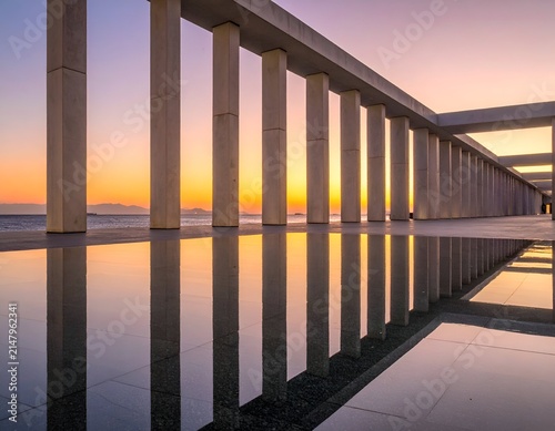 Concrete pillars and reflections mirror a stunning sunset over a serene body of water