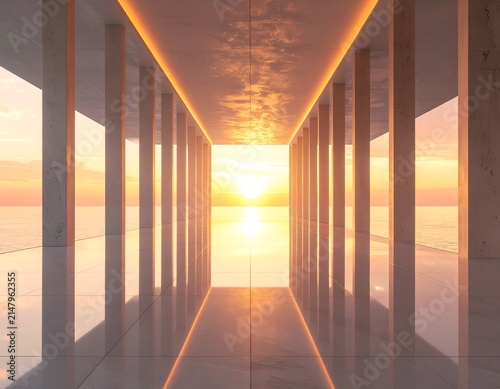 Interior perspective of a modern, open-air structure, framing a brilliant sunset over the ocean