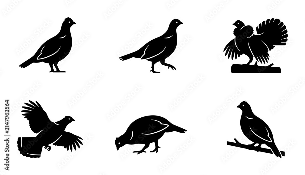 Fototapeta premium Grouse Bird Silhouettes, Vector Icons Set: Wildlife, Nature, Hunting, Game Birds