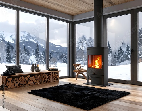 Cozy modern room with fireplace, snowy mountains through expansive windows