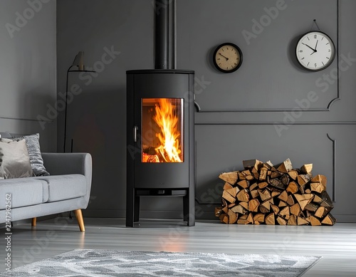 A cozy living room with a lit fireplace, wood pile, and a sofa against a gray wall