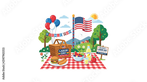 Outdoor Picnic Celebration with Food and Patriotic Decorations Vector