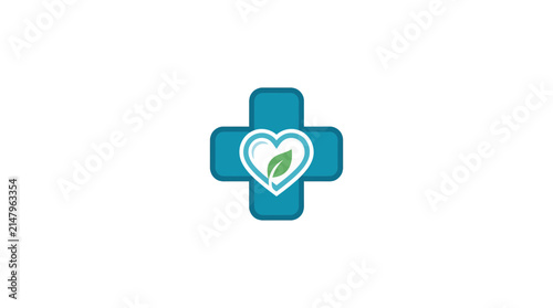 Natural healthcare logo with blue medical cross heart and leaf icon