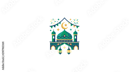 Modern Flat Mosque Illustration with Festive Bunting and Lanterns
