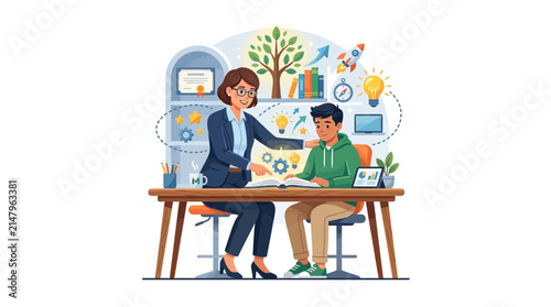 Professional mentor guiding student with growth and education icons