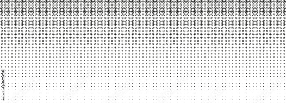 Obraz premium Halftone vector texture of gradient black snowflakes. Seamless horizontal pattern. Winter comic pop art overlay. Smooth particle fade. Transition lattice. Abstract geometric backdrop.