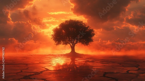 Solitary tree silhouetted against fiery sunset over cracked earth
