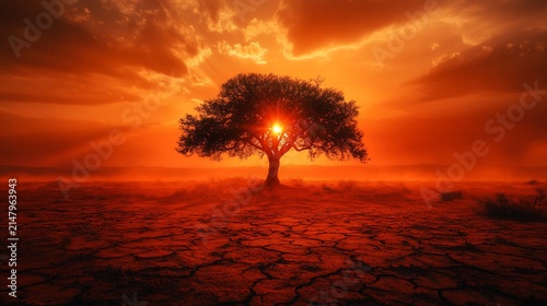 Solitary tree silhouetted against a vibrant, fiery sunset over a cracked, arid landscape