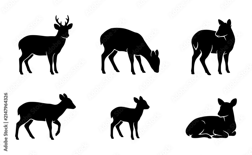 Fototapeta premium Deer Silhouette Collection, Wildlife Animal Icons, Forest Fauna Vector Graphics, Nature Mammal Set