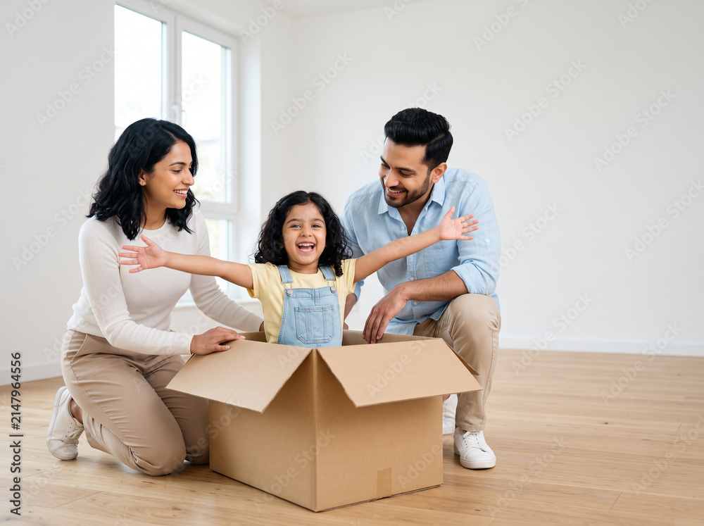 Obraz premium Young fair skinned Indian family celebrating moving into a new home with happy daughter sitting inside a cardboard box while parents smile lovingly in a modern minimalist house