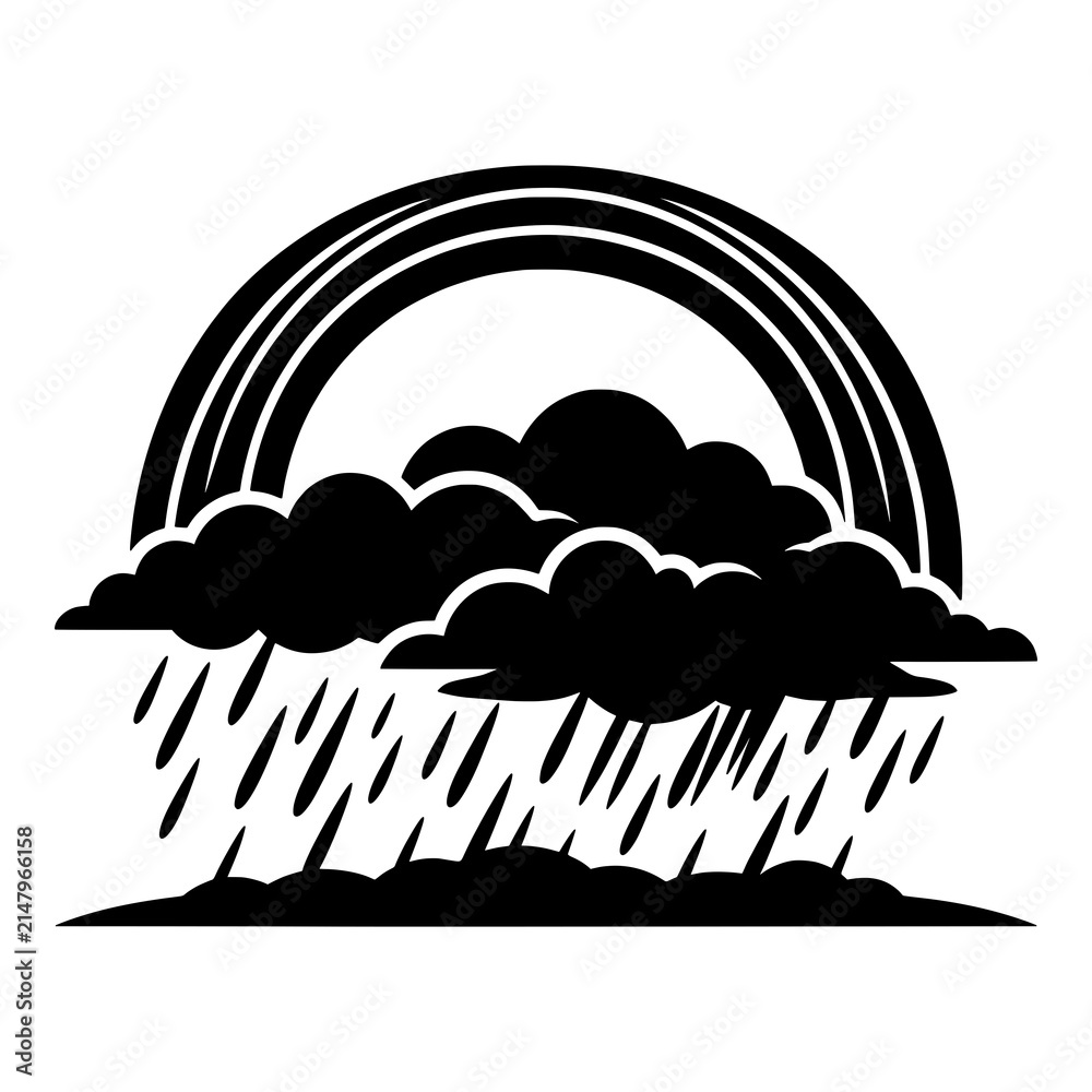 Obraz premium Rainbow over raining clouds weather icon symbol in monochrome style.