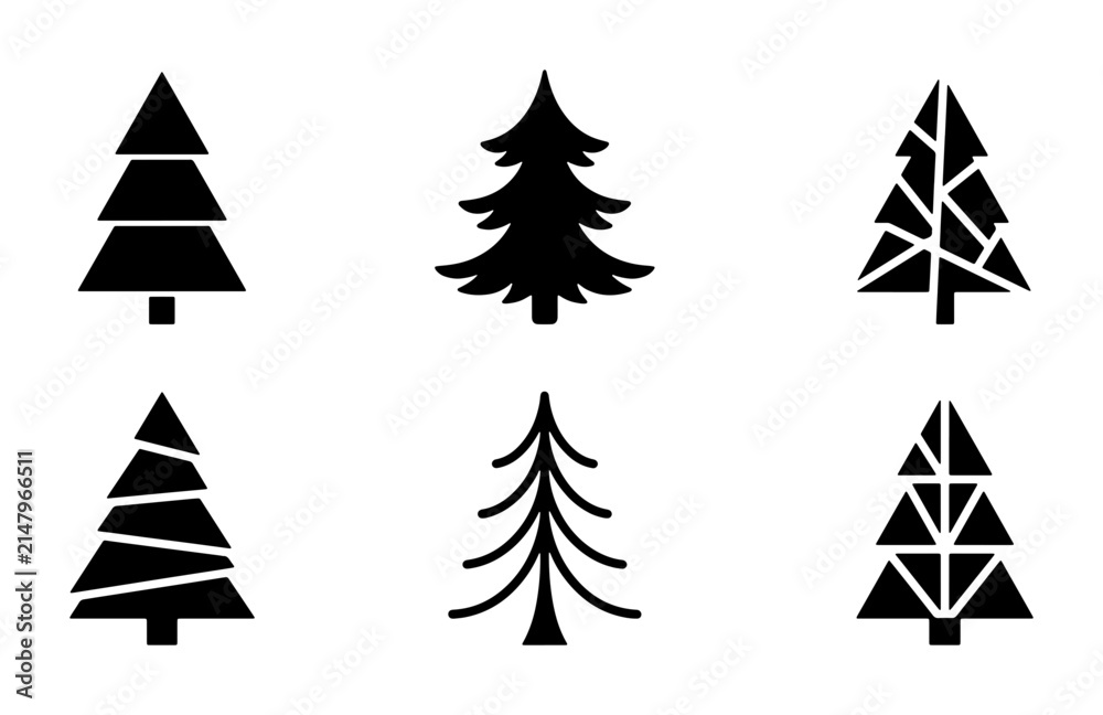 Fototapeta premium Six Stylized Christmas Tree Icons, Vector Set: Festive Evergreen Silhouettes for Holiday Design