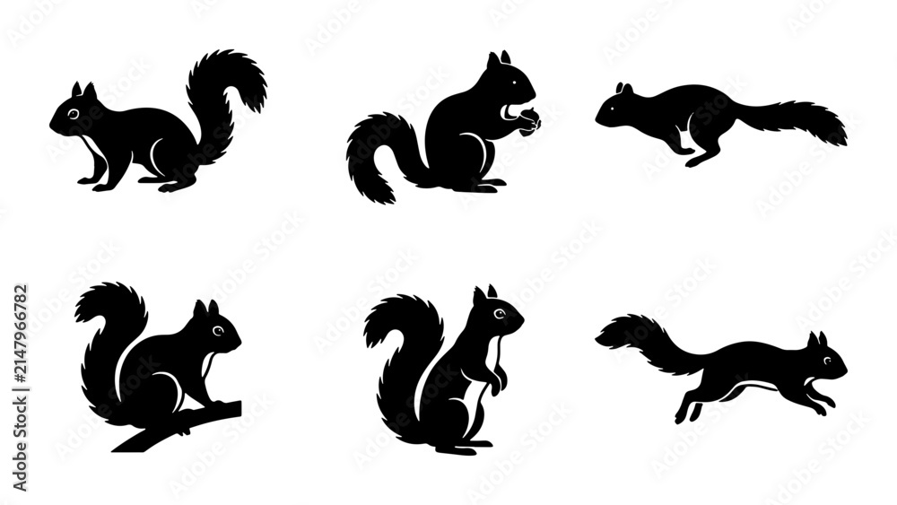 Obraz premium Black Squirrel Silhouettes: Six Poses, Vector Graphics for Wildlife and Nature Designs