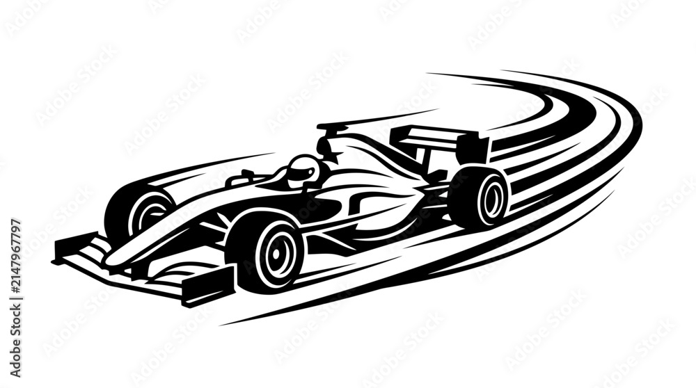 Fototapeta premium Dynamic black and white illustration of a Formula 1 race car speeding with motion lines, depicting high-speed racing and competition.