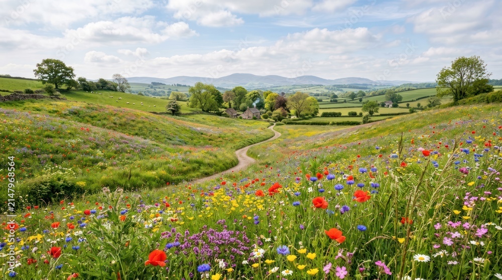 Obraz premium Vibrant wildflowers covering rolling hills with realistic spring countryside scenery