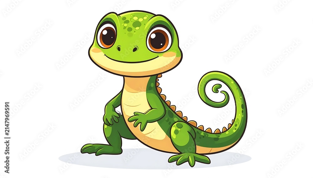 Fototapeta premium Cartoon green frog holding a clock on lily pad.