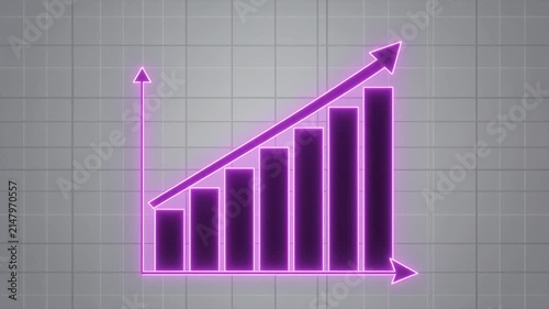 A clean motion graphic animation of a bar chart on a white grid background, vertical bars rise, from left to right. A bold diagonal arrow moving with the rising bars, symbolizing business growth