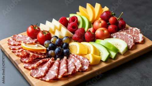 Colorful fresh fruit and sliced cured meats on a wooden serving board for a healthy appetizer platter or snack display