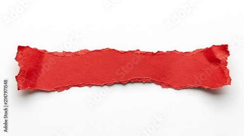 A red rectangular torn paper strip with rough edges isolated on white background.
