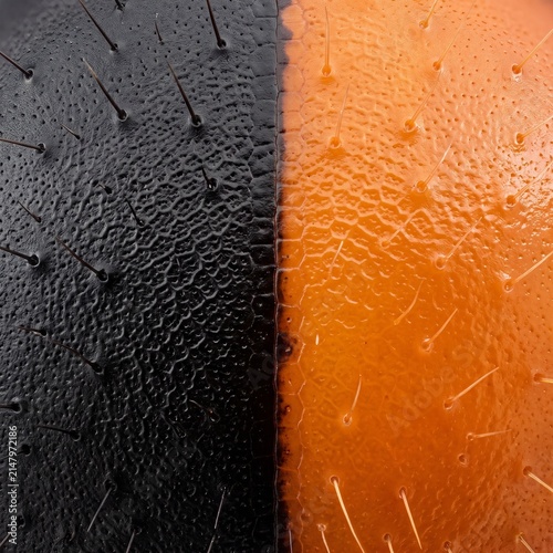 Microscopic boundary of orange and black insect cuticle