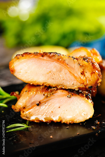 Thick Cut Teriyaki Chicken Thigh Slices - Japanese Style Grilled Meat with Glaze