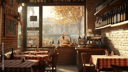 Sunlit Italian cafe interior; chef at counter, tables set