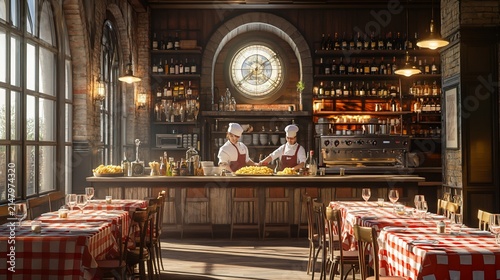 Sunlit Italian restaurant interior; two chefs prepare pasta at a counter, surrounded by tables with red checkered tablecloths