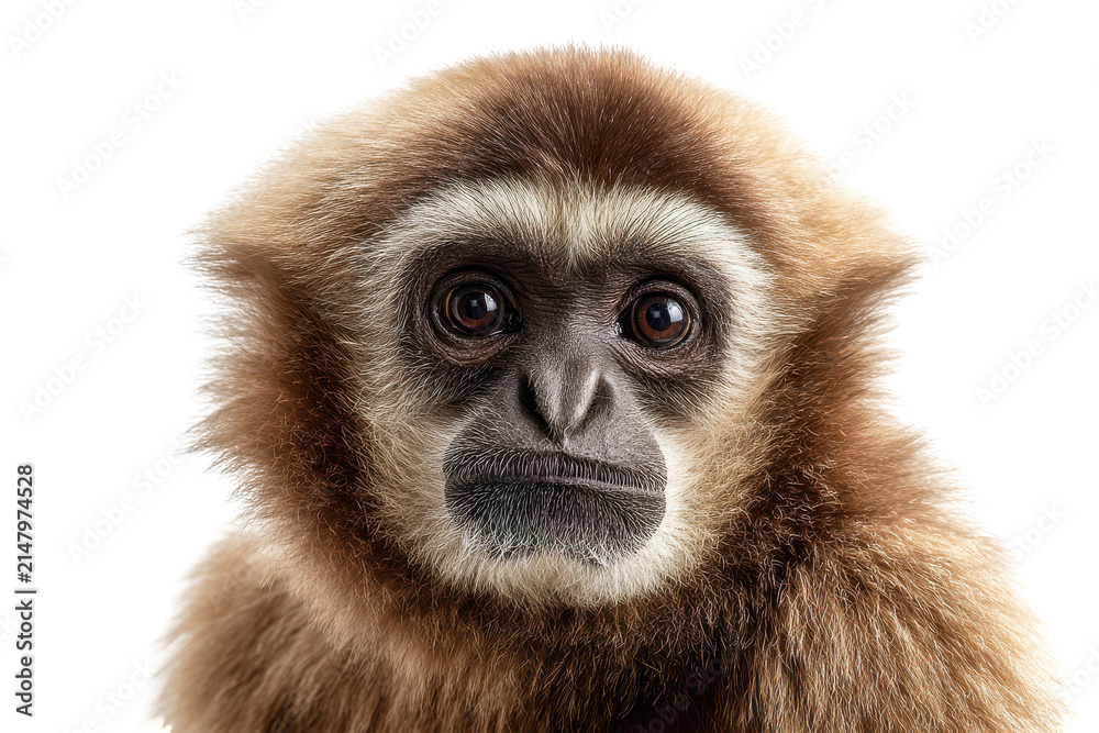 Fototapeta premium Gibbon primate face with curious expression in studio lighting for advertising, isolated on transparent background
