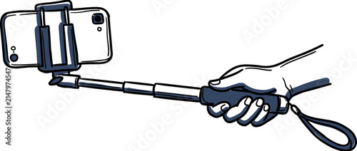 Hand holding selfie stick with mobile phone