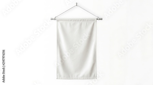 Blank white fabric banner hanging on a wooden rod mockup.