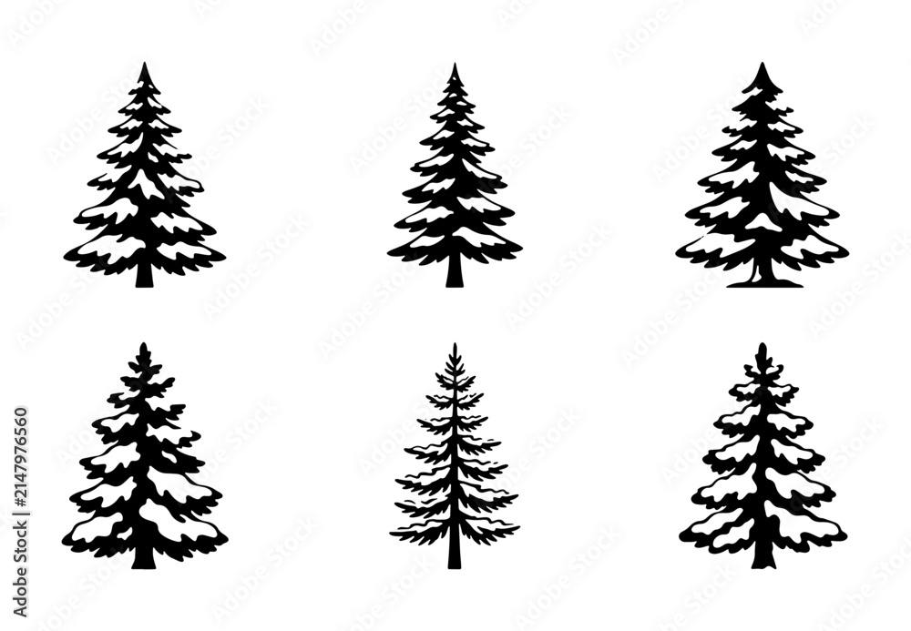 Obraz premium Conifer Tree Silhouettes: Evergreen Pine, Fir, Spruce Vector Icons for Nature and Winter Designs