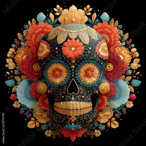 Ornate sugar skull surrounded by colorful flowers