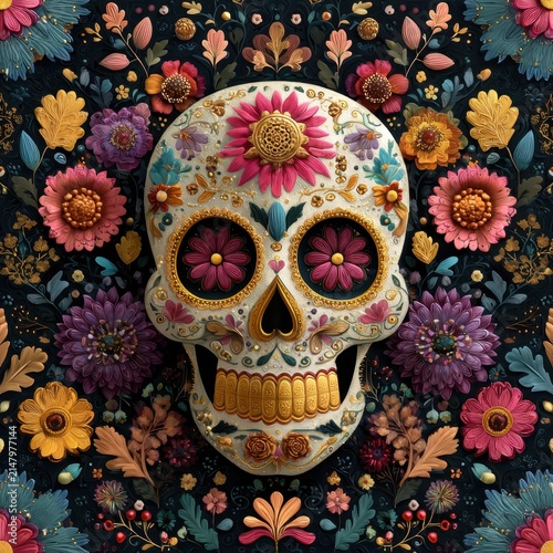 Ornate sugar skull decorated with colorful floral patterns