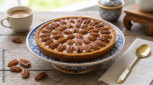 Southern Pecan Pie with Toasted Pecans and Hot Coffee
