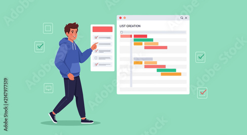 Man Planning Project using Gantt Chart and Checklist - Business Concept