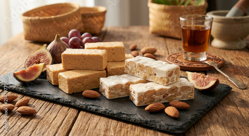 Spanish Almond Turron Nougat Blocks with Dessert Wine
