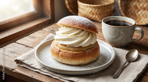 Swedish Semla Cardamom Bun with Whipped Cream and Coffee