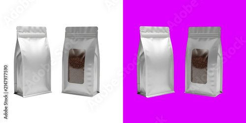 Two silver foil coffee bags standing upright showing roasted coffee beans inside for food packaging design