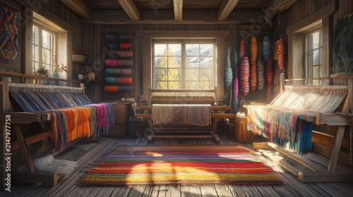 Sunlit rustic workshop with looms, yarn, and vibrant rugs