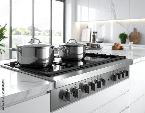 Modern kitchen featuring a stove with pots and marble countertops, bright natural light