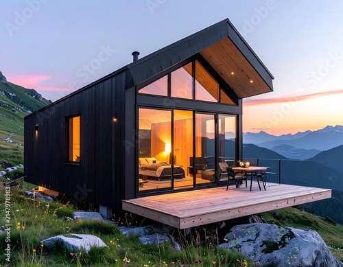 Modern cabin with large windows and a deck overlooking mountainous scenery at dusk