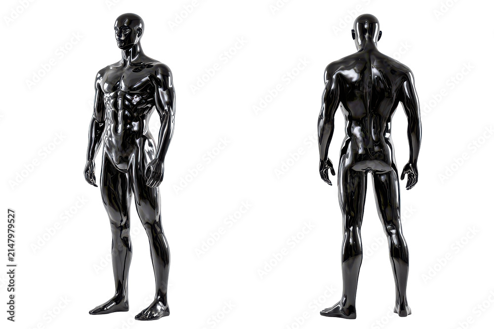 Fototapeta premium Glossy black male mannequin standing front and back with studio lighting concept, isolated on transparent background