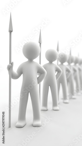 Group of minimalist white 3D stick figures holding long spears, representing teamwork, unity, protection, and military formation on a clean background.